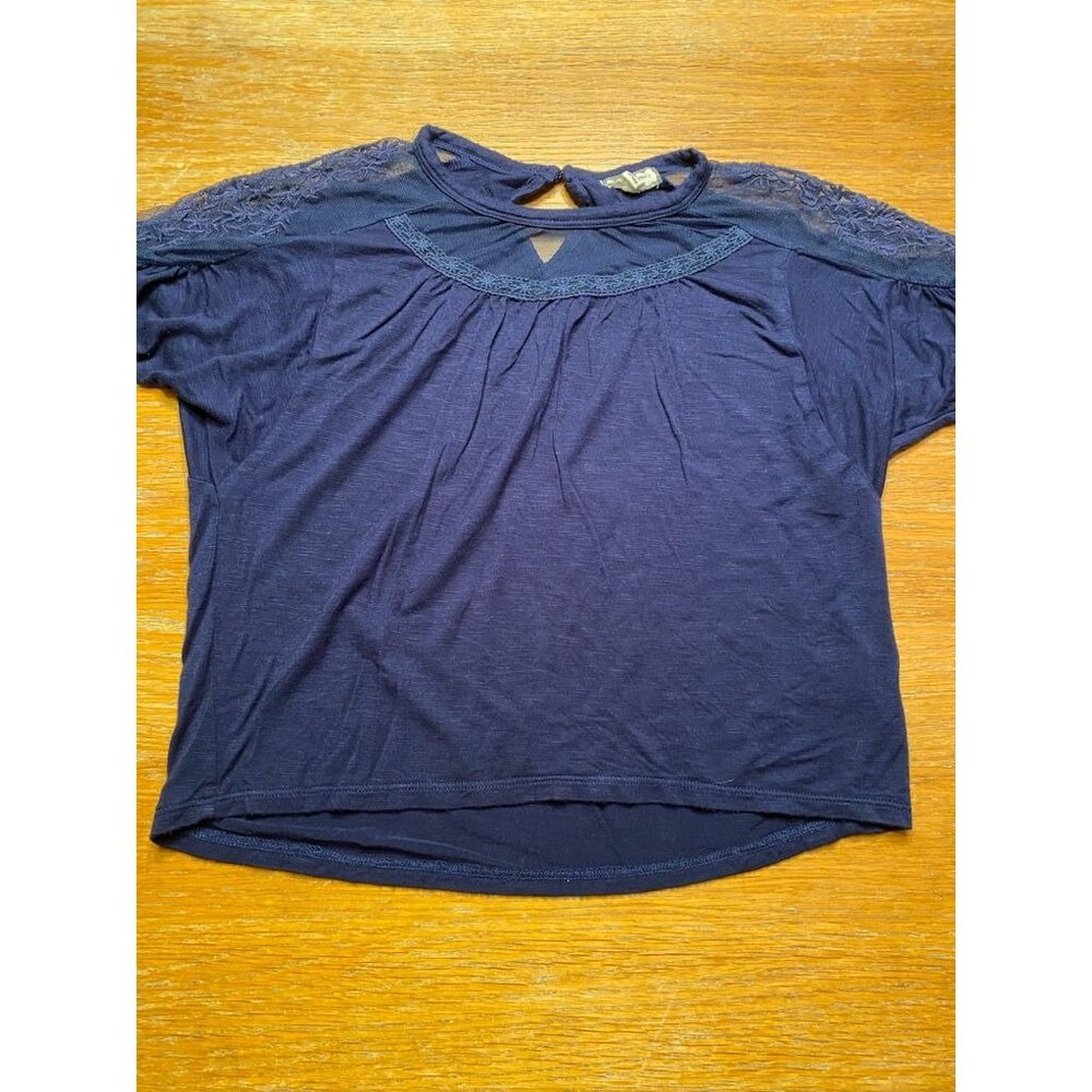 Navy Blue Lace Trim Girls Top With Keyhole Back Design